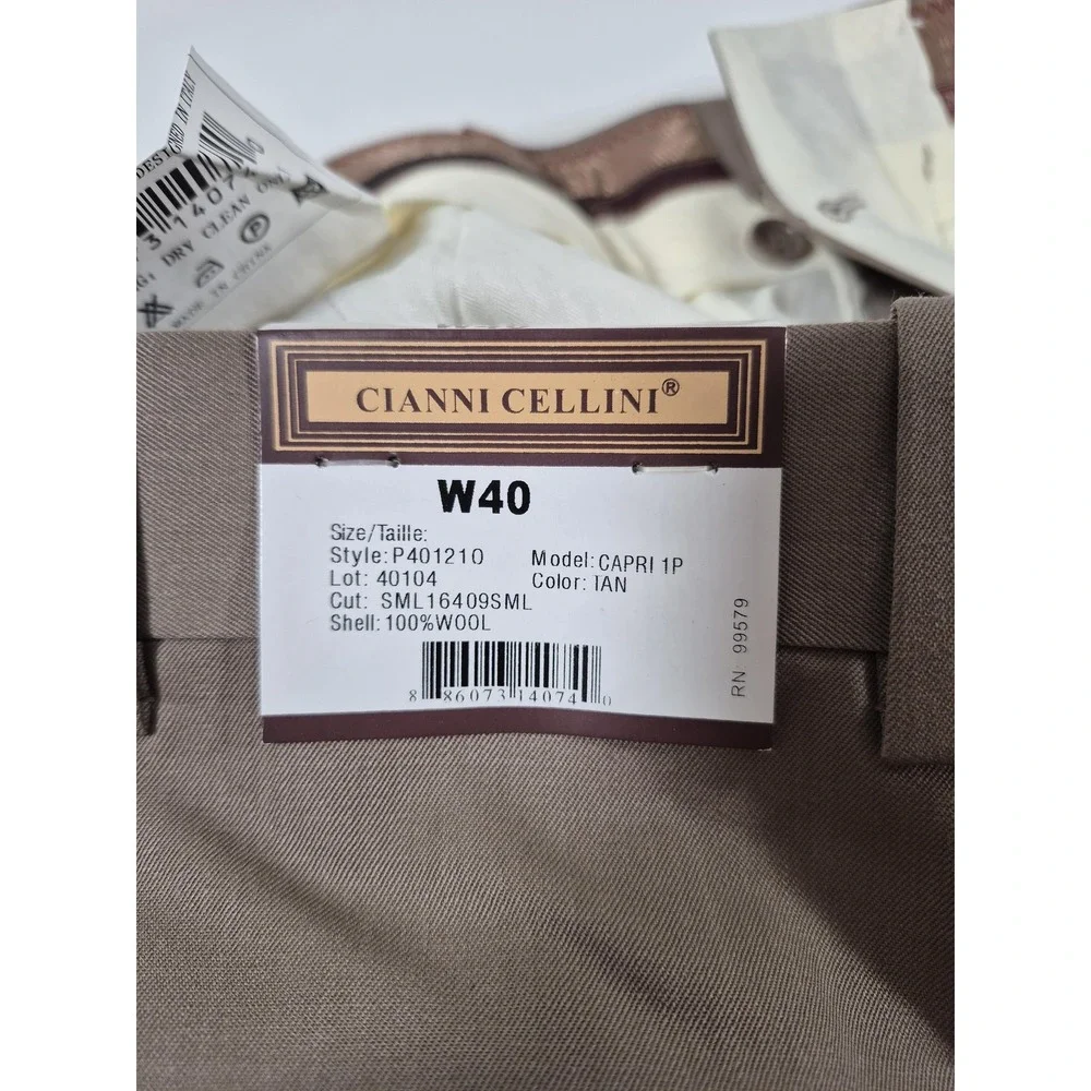 Cianni Cellini Dress Pants Mens 40x36 Tan SuperGab Wool Pleated Capri 1P NWT